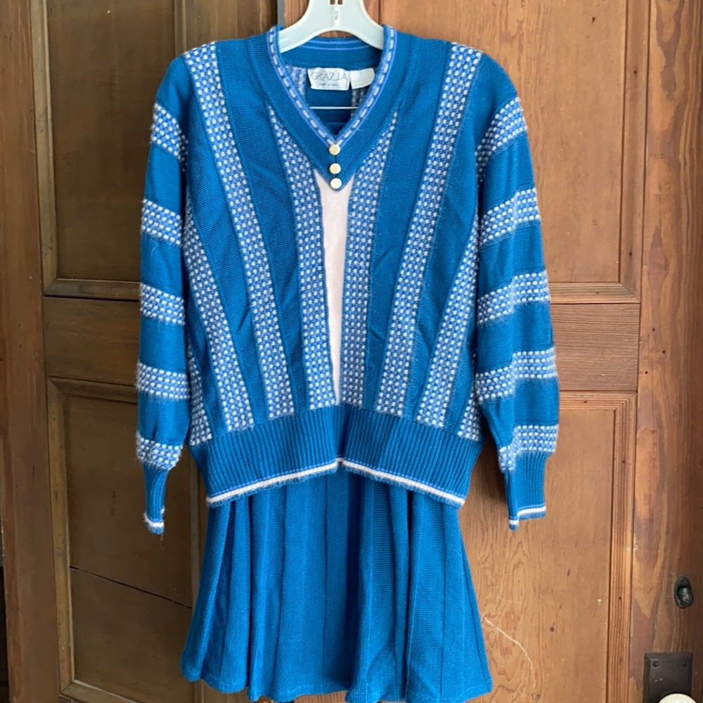 Vintage Grazia Sweater Set. Blue and pink sweater with blue sweater skirt.